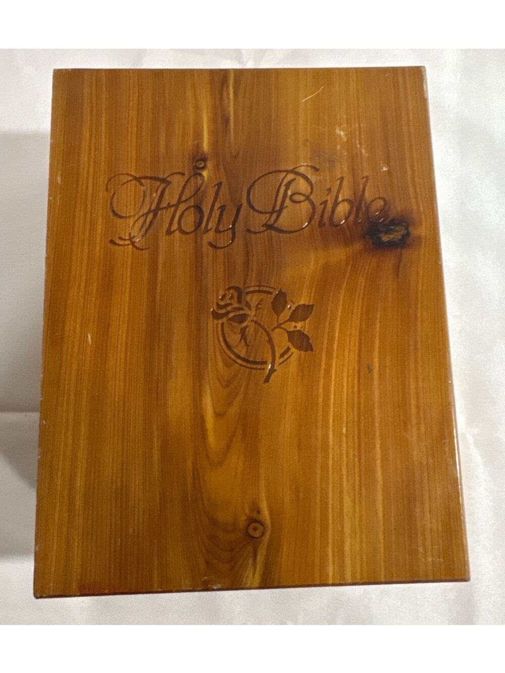 Vintage Holy Bible In Wooden Keepsake Box With Engraved Design And Velvet Lining